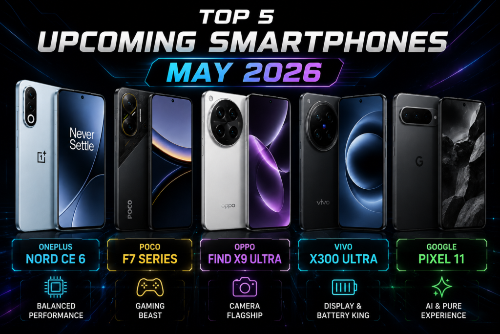 May 2026 ke top 5 upcoming smartphones India - OnePlus Nord CE 6, Poco F7, Pixel 11