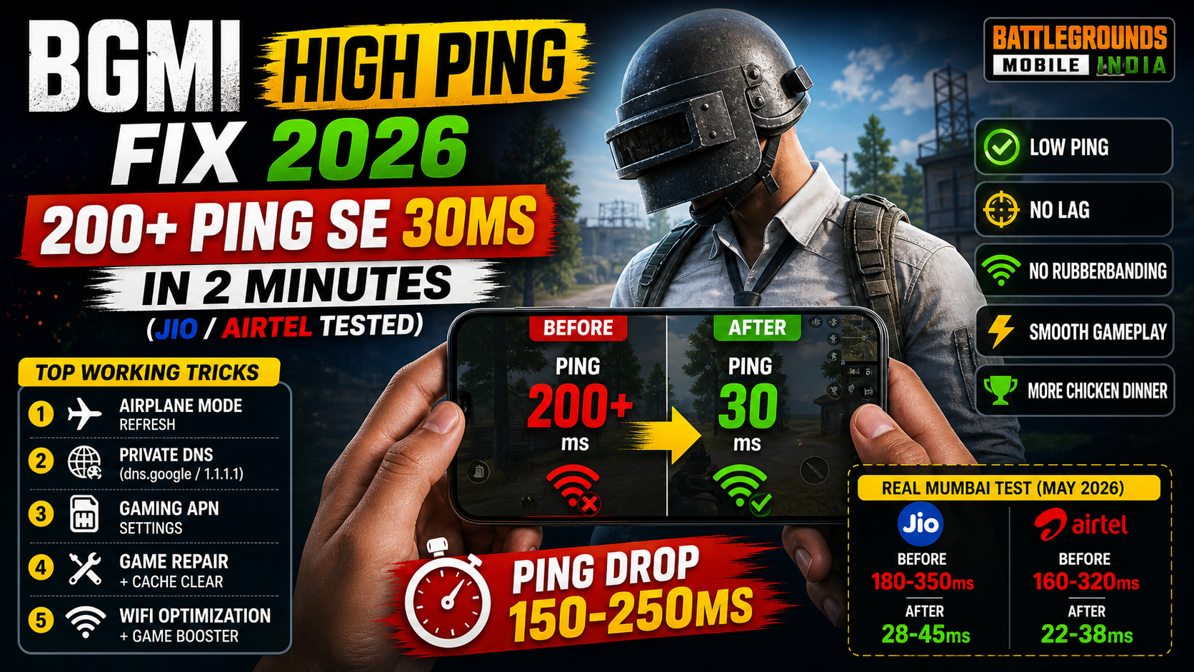BGMI High Ping Fix 2026: 200+ Ping se 30ms in 2 Minutes (Jio/Airtel Tested)