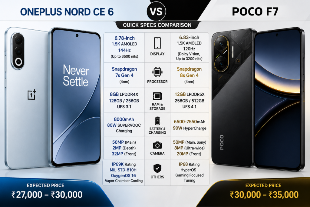 OnePlus Nord CE 6 and Poco F7 specifications comparison